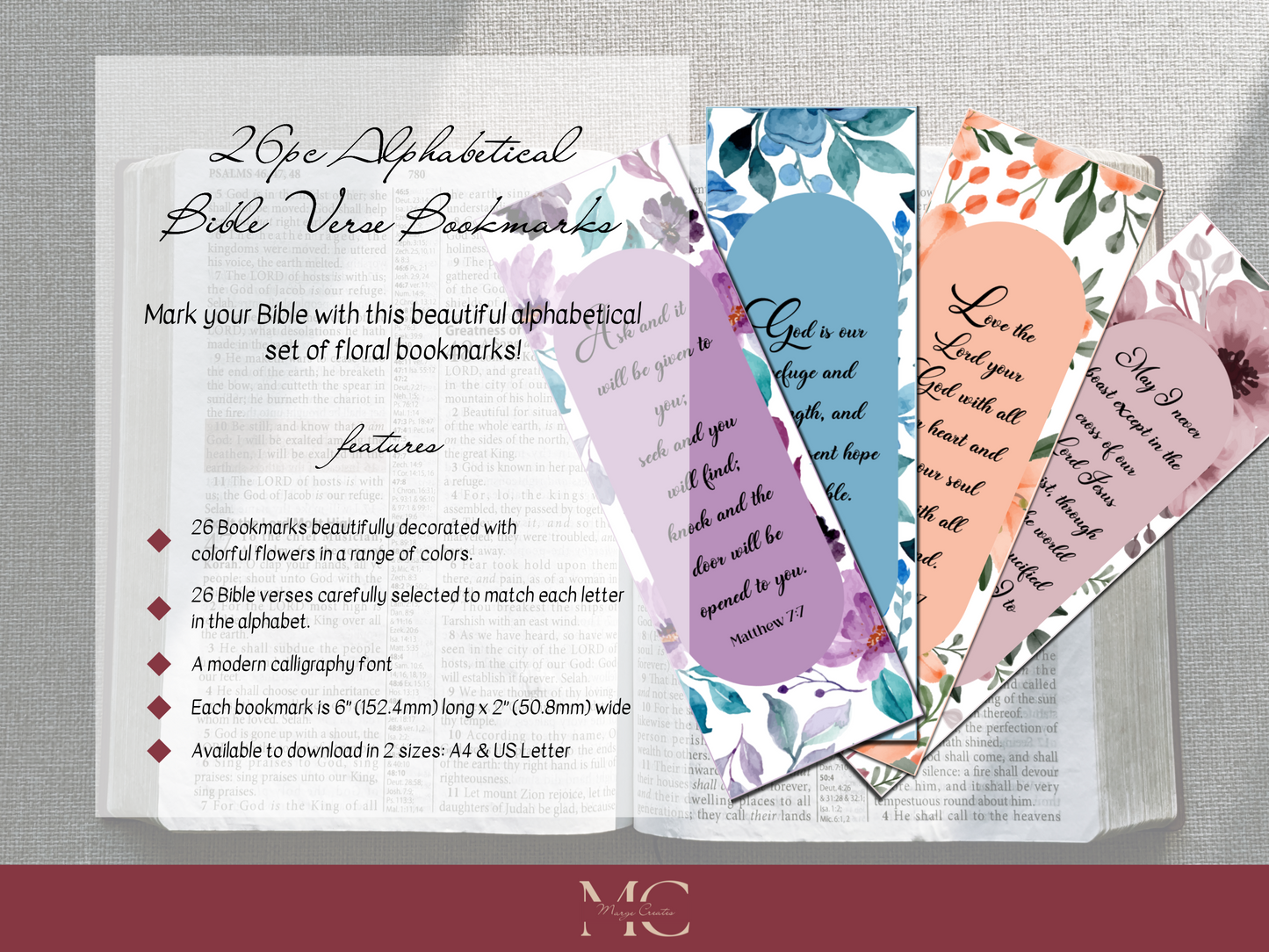 26pc Alphabetical Floral Bible Verse Bookmark Bundle, Printable Christian Bookmark Set with Bible Verses for Women