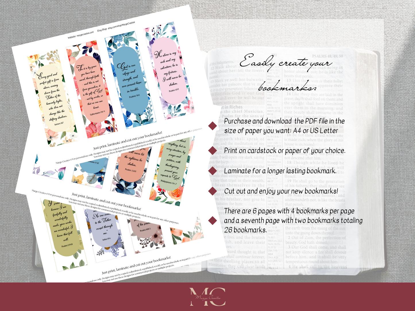 26pc Alphabetical Floral Bible Verse Bookmark Bundle, Printable Christian Bookmark Set with Bible Verses for Women