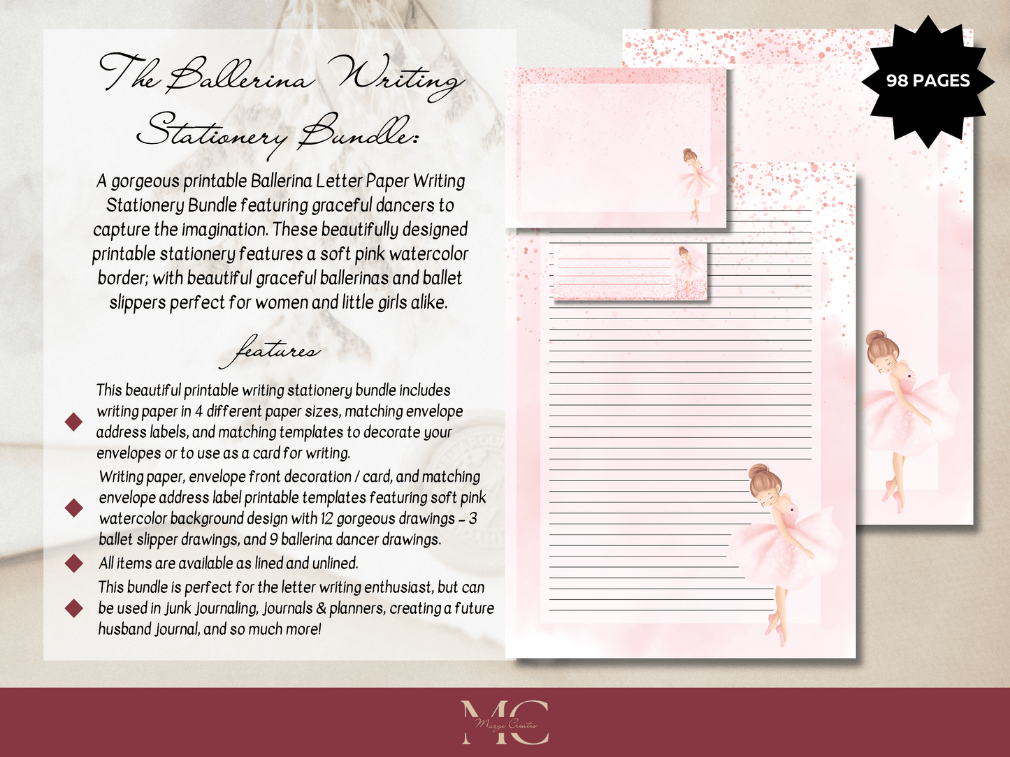 Pink Ballerina Letter Paper Writing Stationary Set - Writing Paper, Address Labels, Envelope Decoration/Card, 12 Designs - 98 Pages