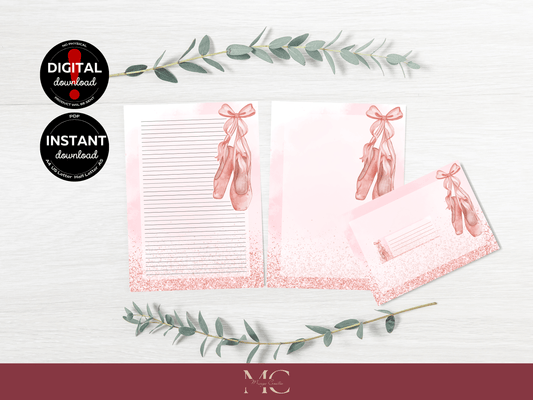 Pink Ballerina Letter Paper Writing Stationary Set - Writing Paper, Address Labels, Envelope Decoration/Card, 12 Designs - 98 Pages