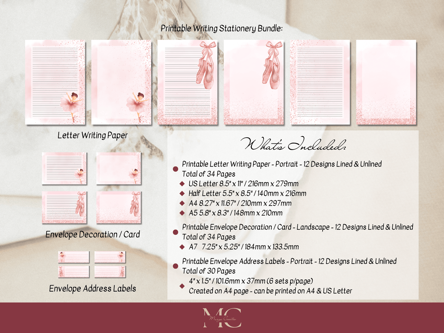 Pink Ballerina Letter Paper Writing Stationary Set - Writing Paper, Address Labels, Envelope Decoration/Card, 12 Designs - 98 Pages
