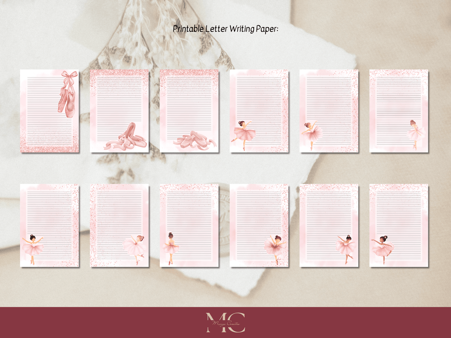 Pink Ballerina Letter Paper Writing Stationary Set - Writing Paper, Address Labels, Envelope Decoration/Card, 12 Designs - 98 Pages