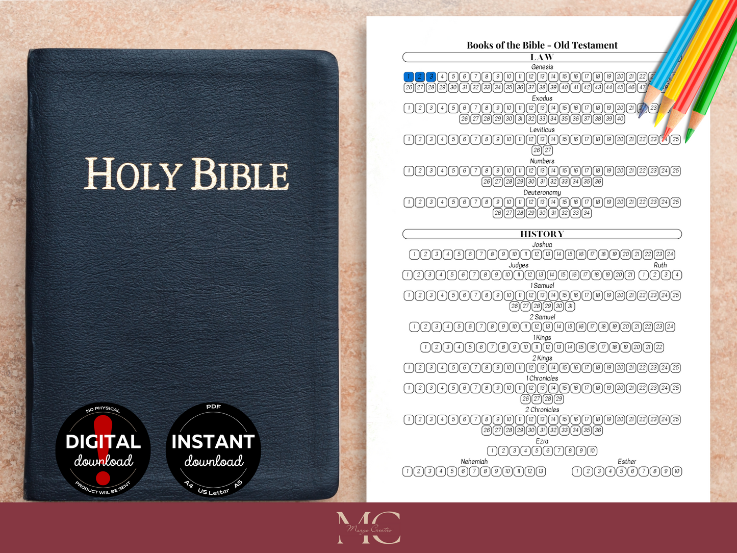 Books of the Bible Bookshelf Coloring Tracker & Bible Reading Chapter Tracker Bundle
