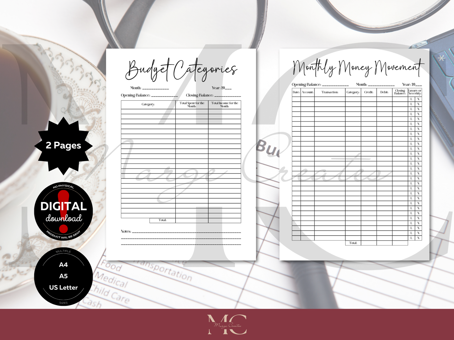 Monthly Money Movement Expense Tracker, Budget Categories