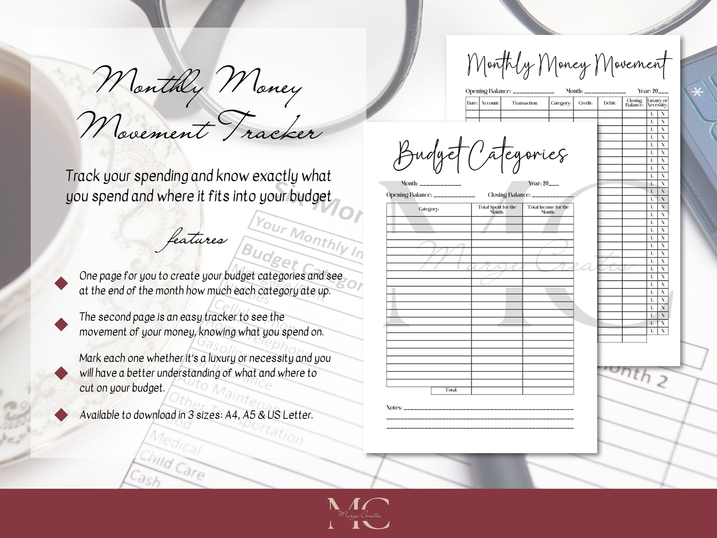 Monthly Money Movement Expense Tracker, Budget Categories