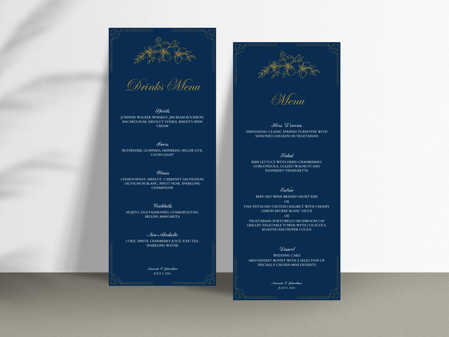 Elegant Blue & Gold Wedding Menu & Drinks Menu Template, Design 1, Printable Template