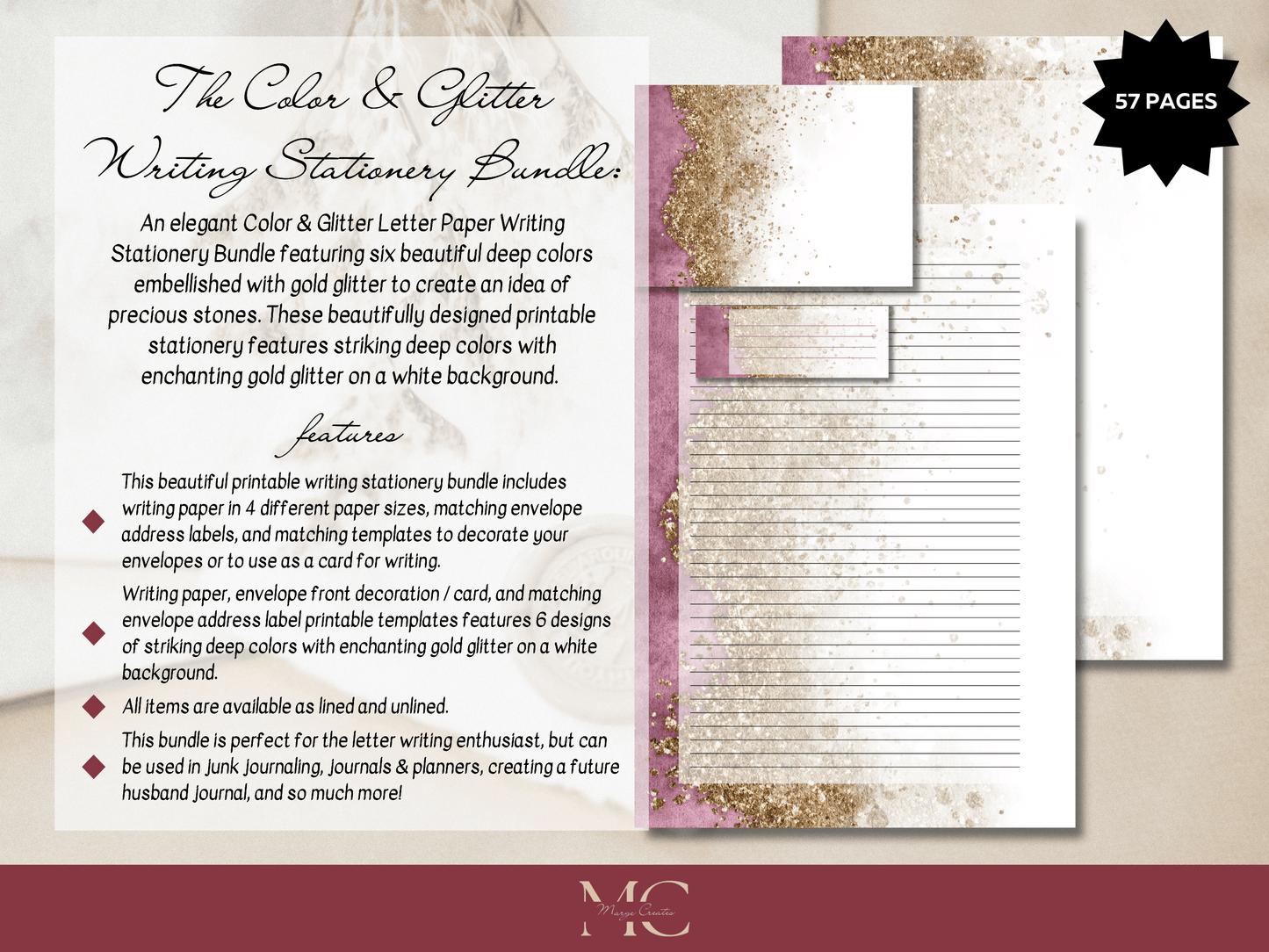 Color & Gold Paper Writing Stationary Set - Writing Paper, Address Labels, Envelope Decoration/Card, 6 Designs - 57 Pages