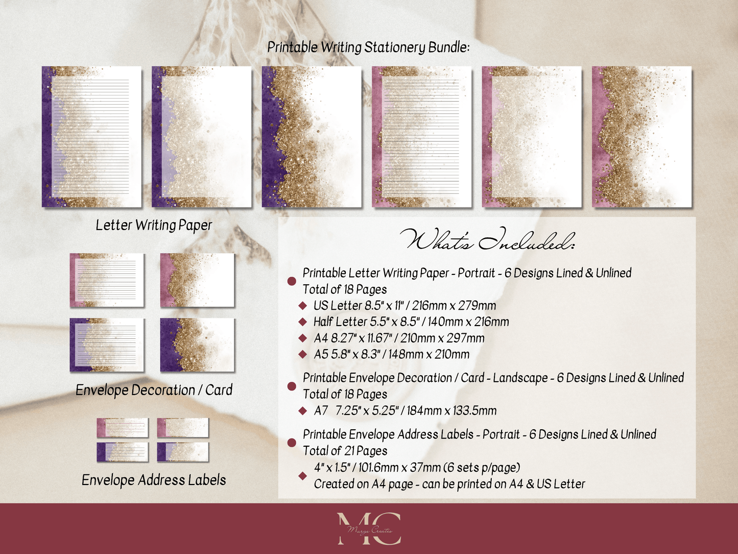 Color & Gold Paper Writing Stationary Set - Writing Paper, Address Labels, Envelope Decoration/Card, 6 Designs - 57 Pages