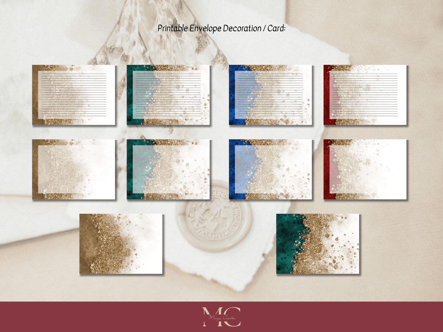 Color & Gold Paper Writing Stationary Set - Writing Paper, Address Labels, Envelope Decoration/Card, 6 Designs - 57 Pages