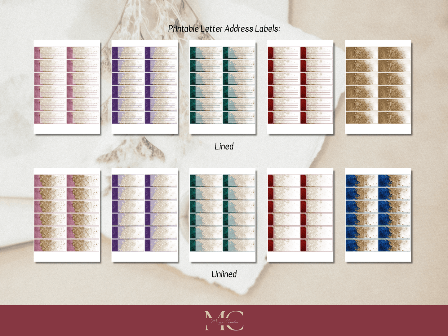 Color & Gold Paper Writing Stationary Set - Writing Paper, Address Labels, Envelope Decoration/Card, 6 Designs - 57 Pages