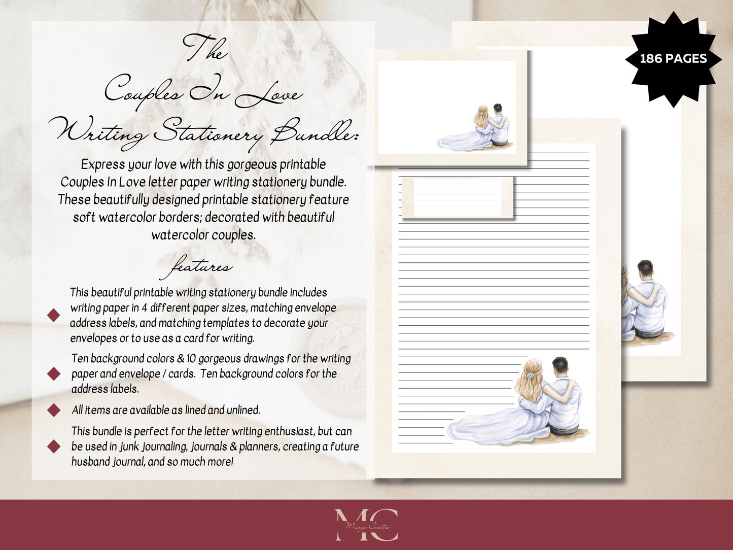 Couples in Love Letter Paper Writing Stationary Set - Writing Paper, Address Labels, Envelope Decoration/Card, 10 Designs - 186 Pages