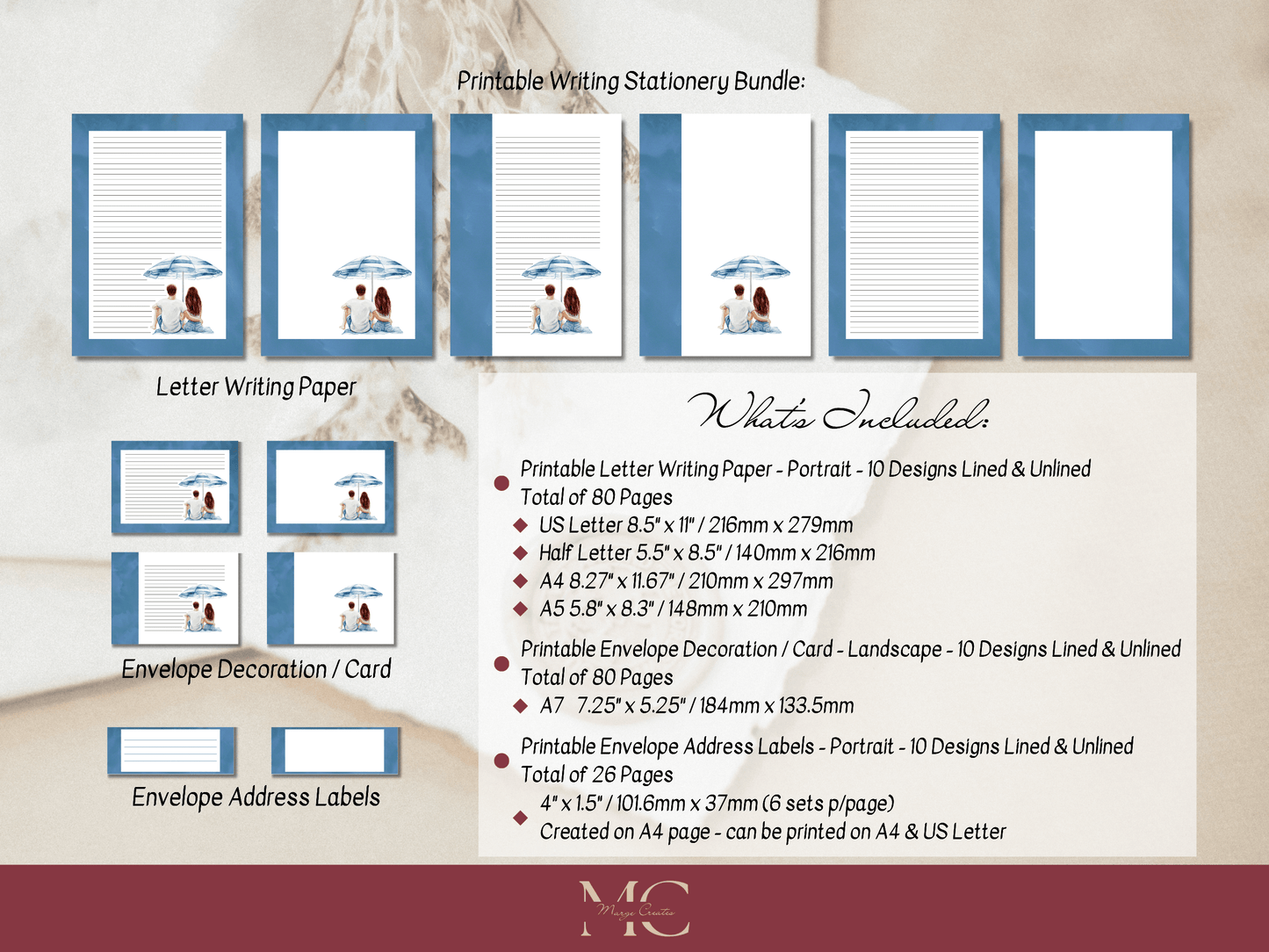 Couples in Love Letter Paper Writing Stationary Set - Writing Paper, Address Labels, Envelope Decoration/Card, 10 Designs - 186 Pages