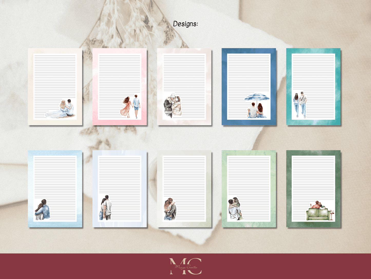 Couples in Love Letter Paper Writing Stationary Set - Writing Paper, Address Labels, Envelope Decoration/Card, 10 Designs - 186 Pages
