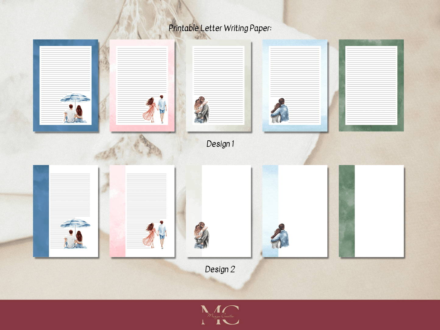 Couples in Love Letter Paper Writing Stationary Set - Writing Paper, Address Labels, Envelope Decoration/Card, 10 Designs - 186 Pages