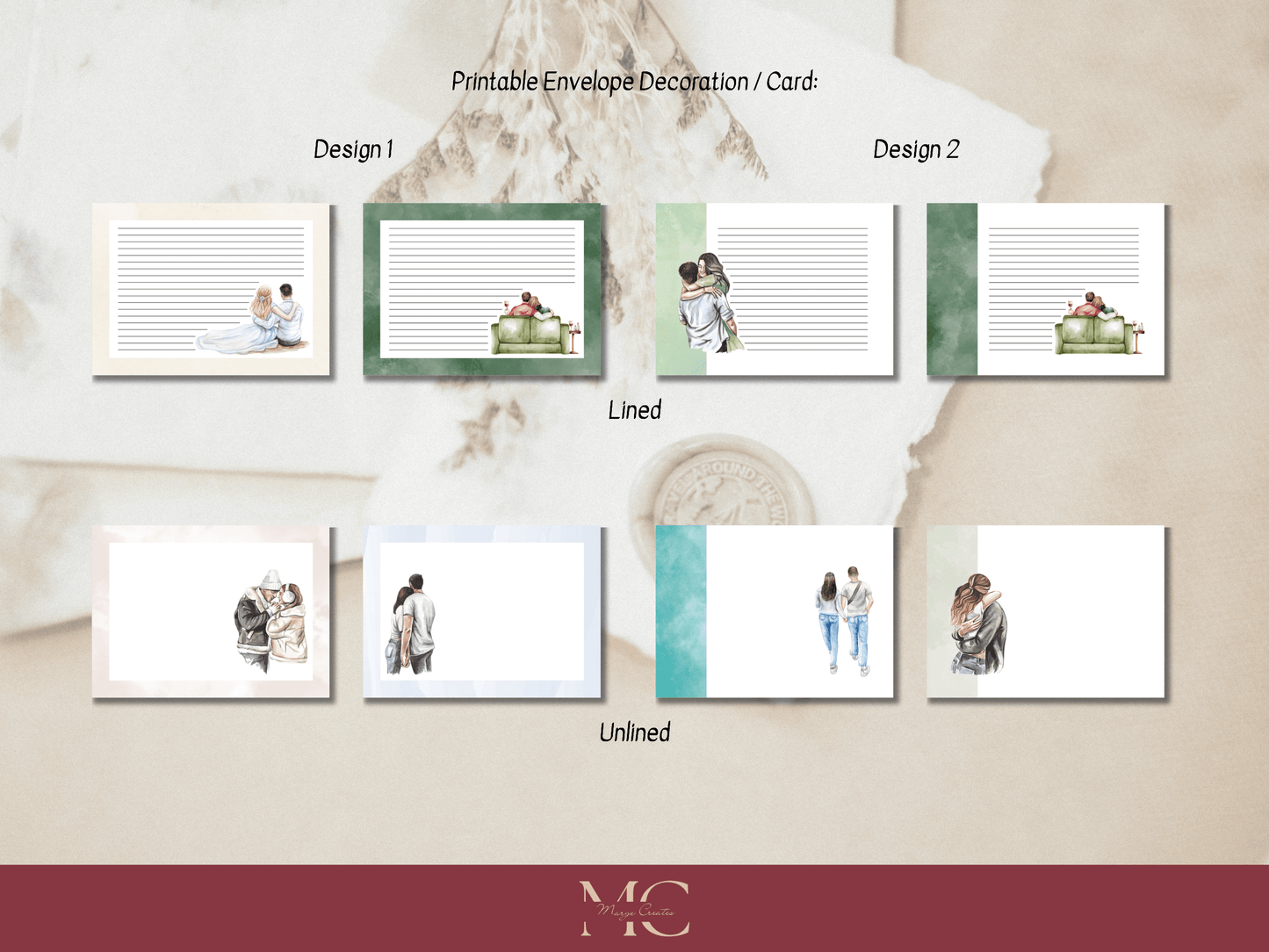 Couples in Love Letter Paper Writing Stationary Set - Writing Paper, Address Labels, Envelope Decoration/Card, 10 Designs - 186 Pages