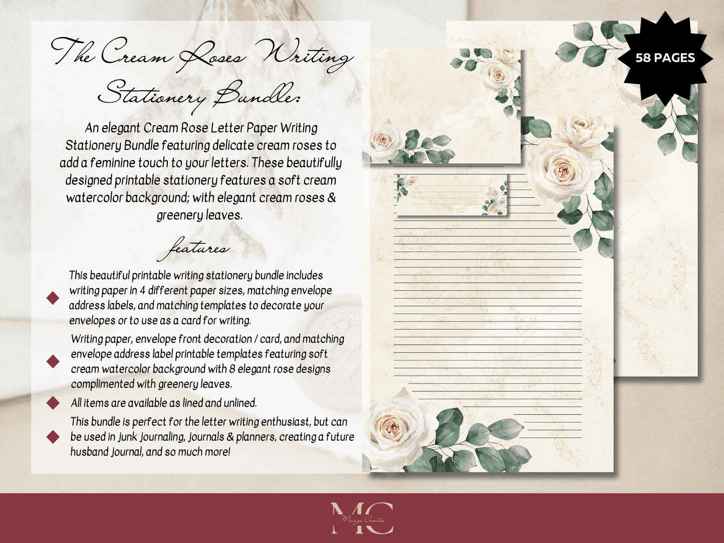 Cream Roses Letter Paper Writing Stationary Set - Writing Paper, Address Labels, Envelope Decoration/Card, 8 Designs - 58 Pages