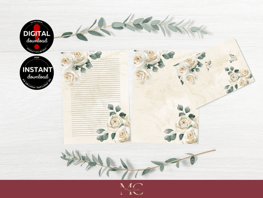 Cream Roses Letter Paper Writing Stationary Set - Writing Paper, Address Labels, Envelope Decoration/Card, 8 Designs - 58 Pages