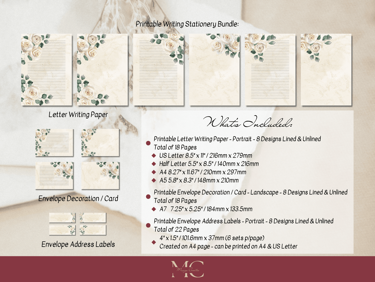 Cream Roses Letter Paper Writing Stationary Set - Writing Paper, Address Labels, Envelope Decoration/Card, 8 Designs - 58 Pages