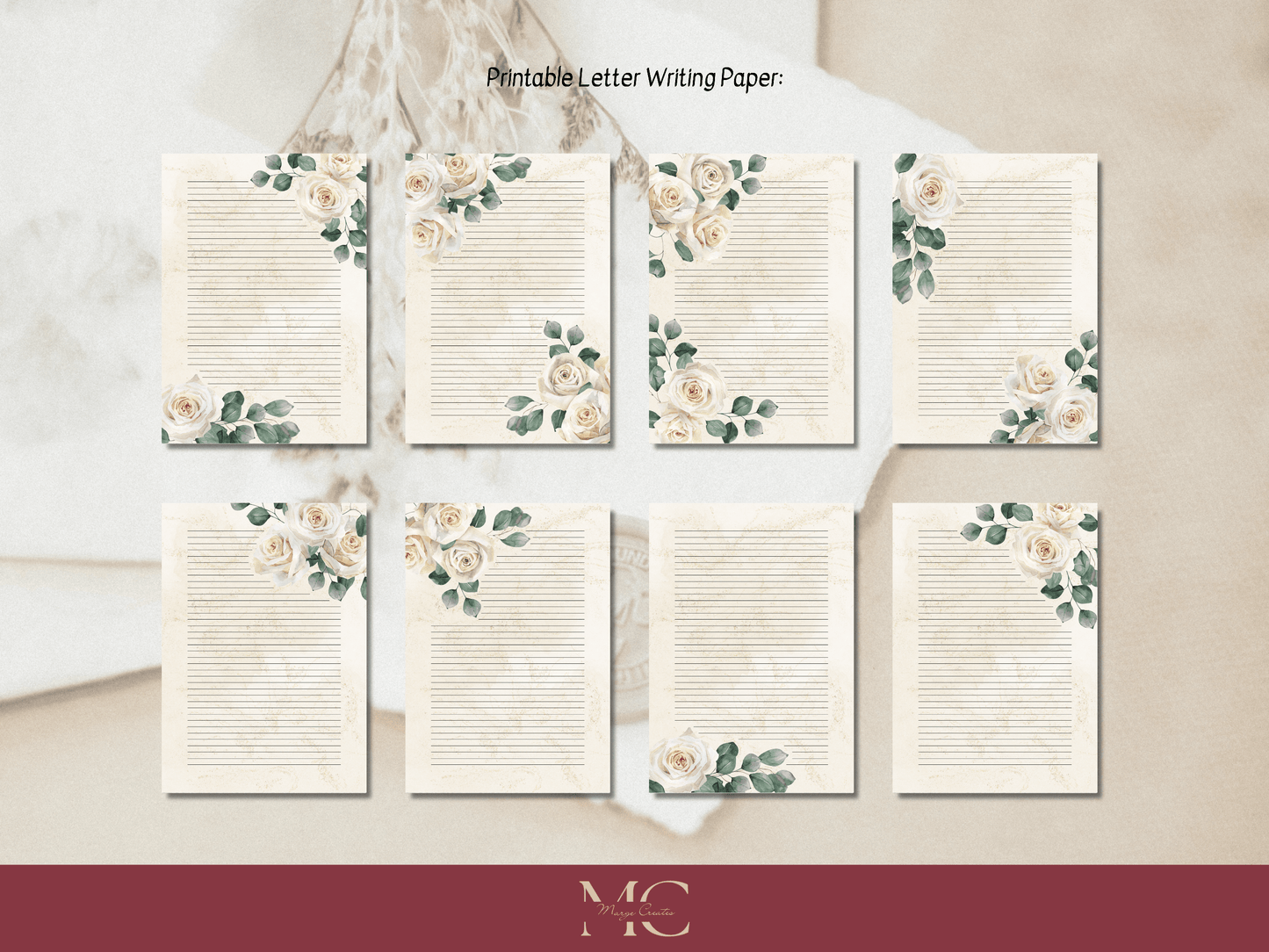 Cream Roses Letter Paper Writing Stationary Set - Writing Paper, Address Labels, Envelope Decoration/Card, 8 Designs - 58 Pages