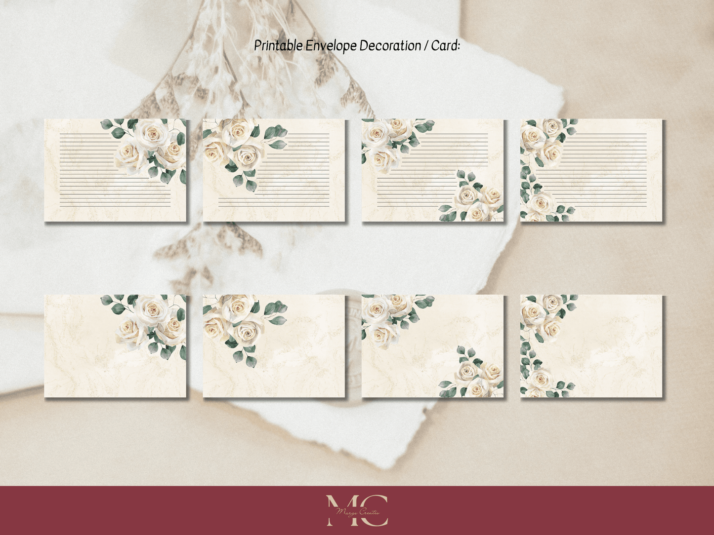Cream Roses Letter Paper Writing Stationary Set - Writing Paper, Address Labels, Envelope Decoration/Card, 8 Designs - 58 Pages