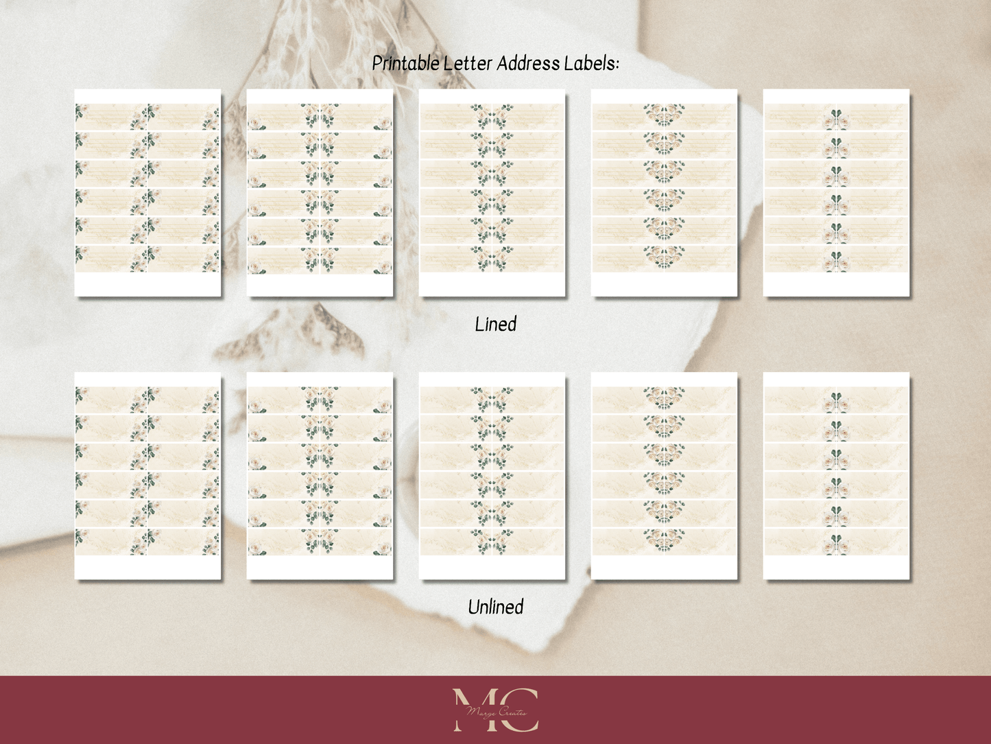Cream Roses Letter Paper Writing Stationary Set - Writing Paper, Address Labels, Envelope Decoration/Card, 8 Designs - 58 Pages