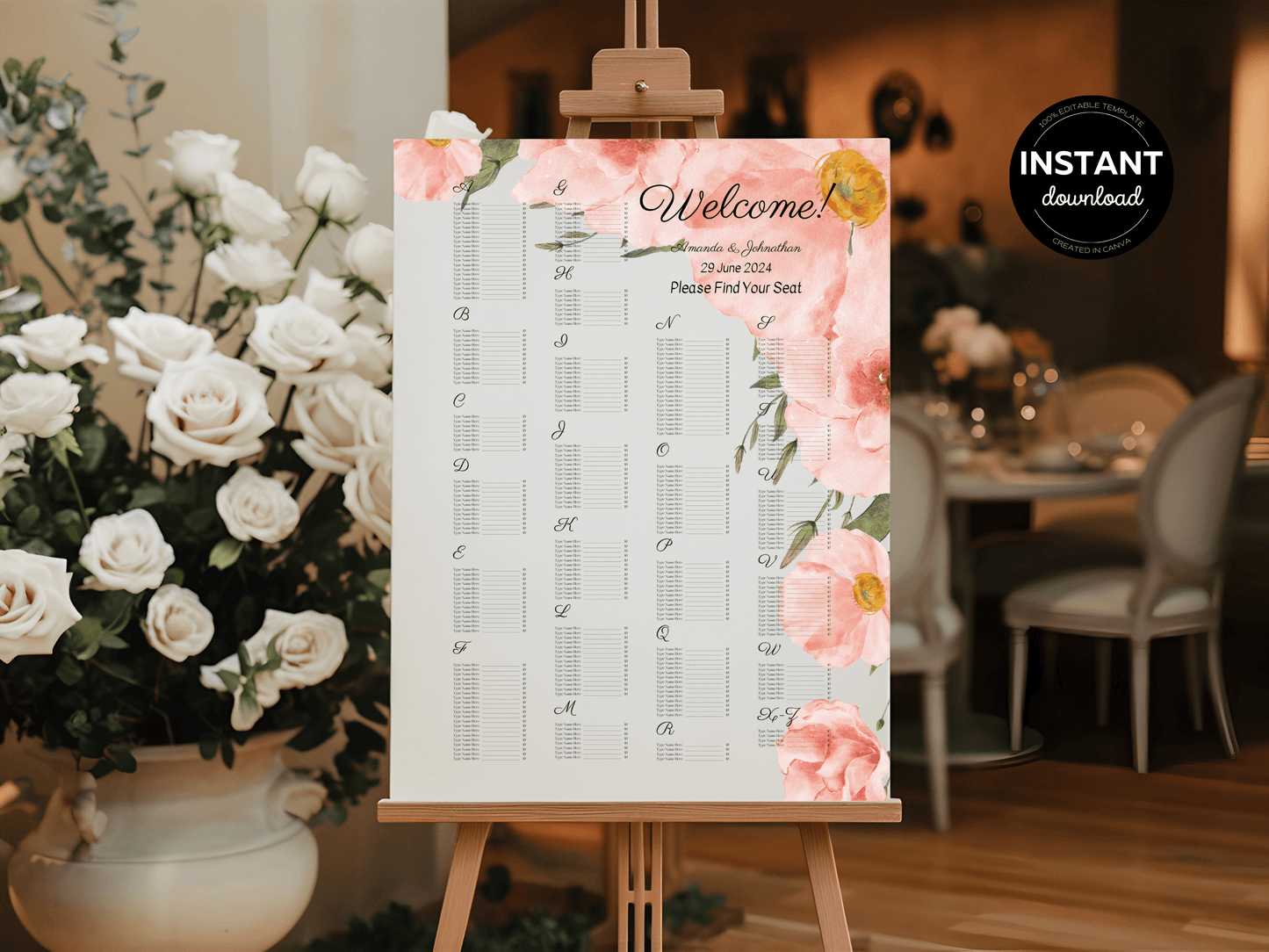Soft Pink Floral Wedding Seating Template Bundle with Alphabetical Seating Chart, Printable Templates