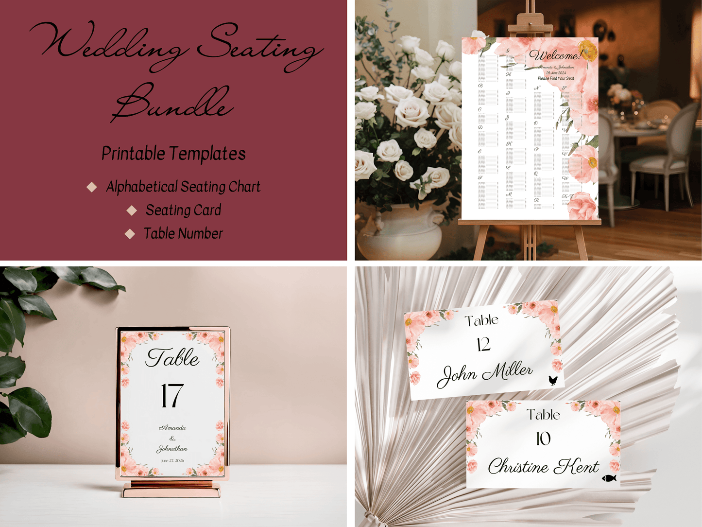 Soft Pink Floral Wedding Seating Template Bundle with Alphabetical Seating Chart, Printable Templates