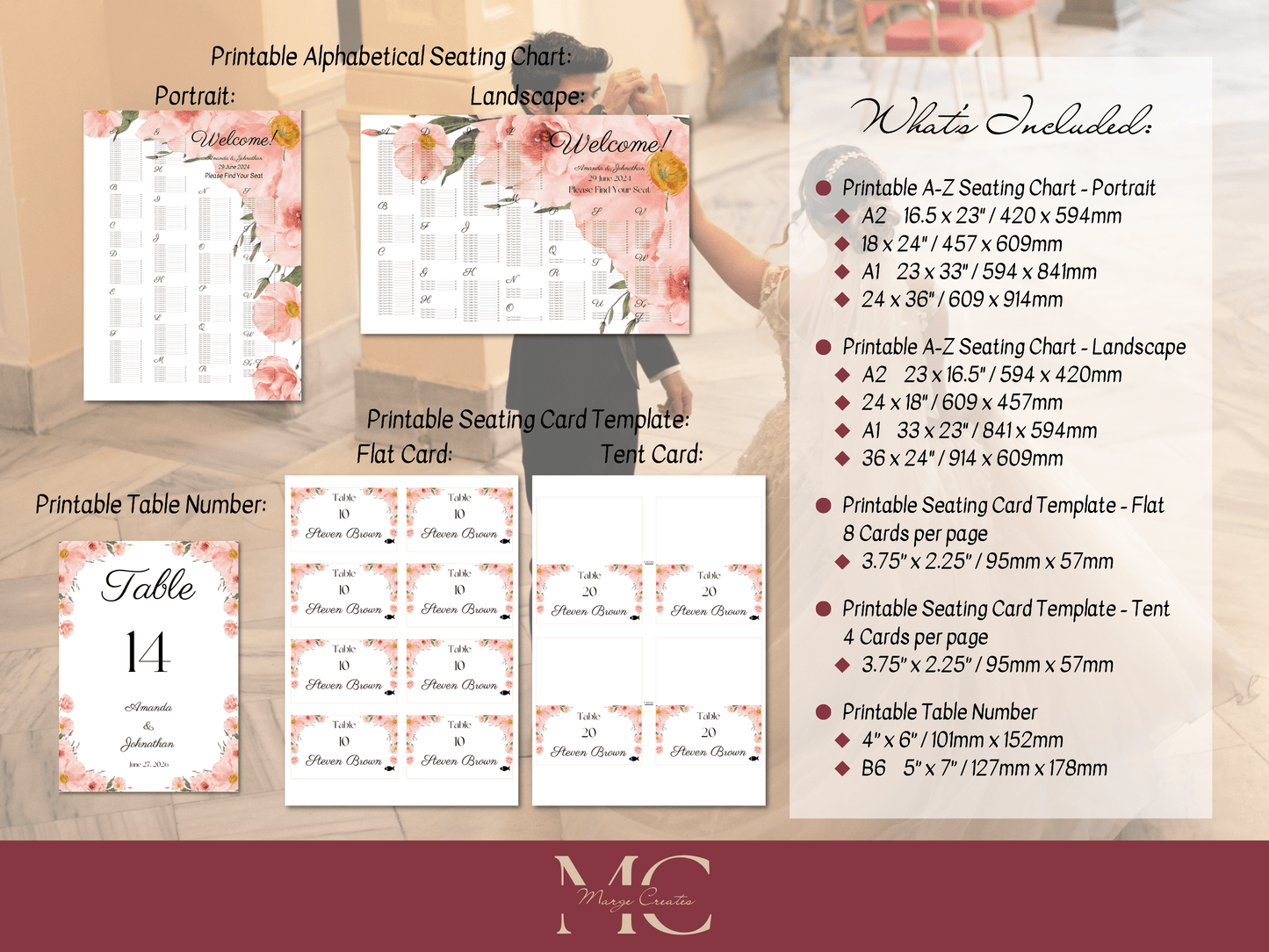Soft Pink Floral Wedding Seating Template Bundle with Alphabetical Seating Chart, Printable Templates