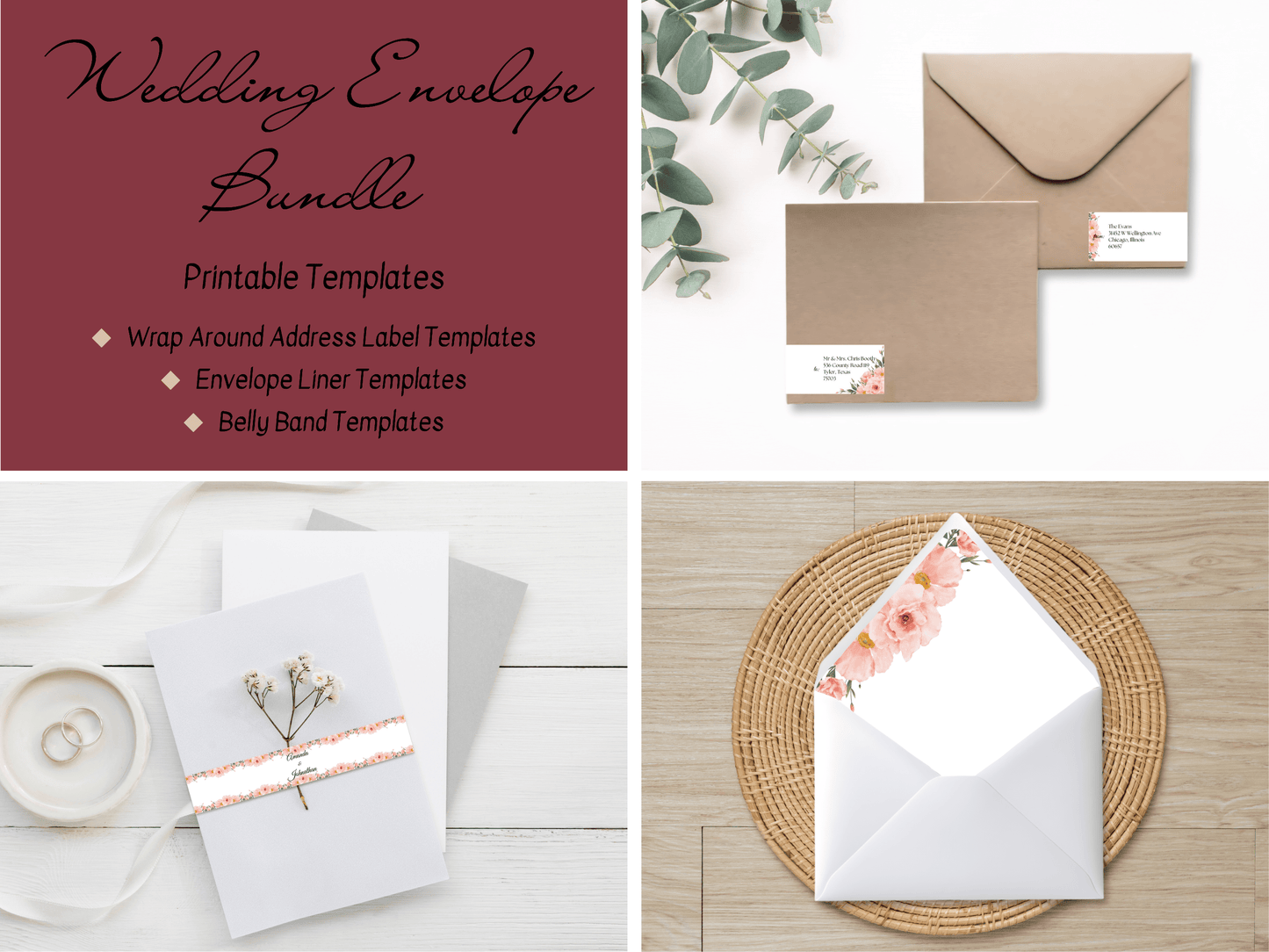 Soft Pink Floral Wedding Envelope Decoration Template Bundle, (WA), Liner Design 2, Printable Templates