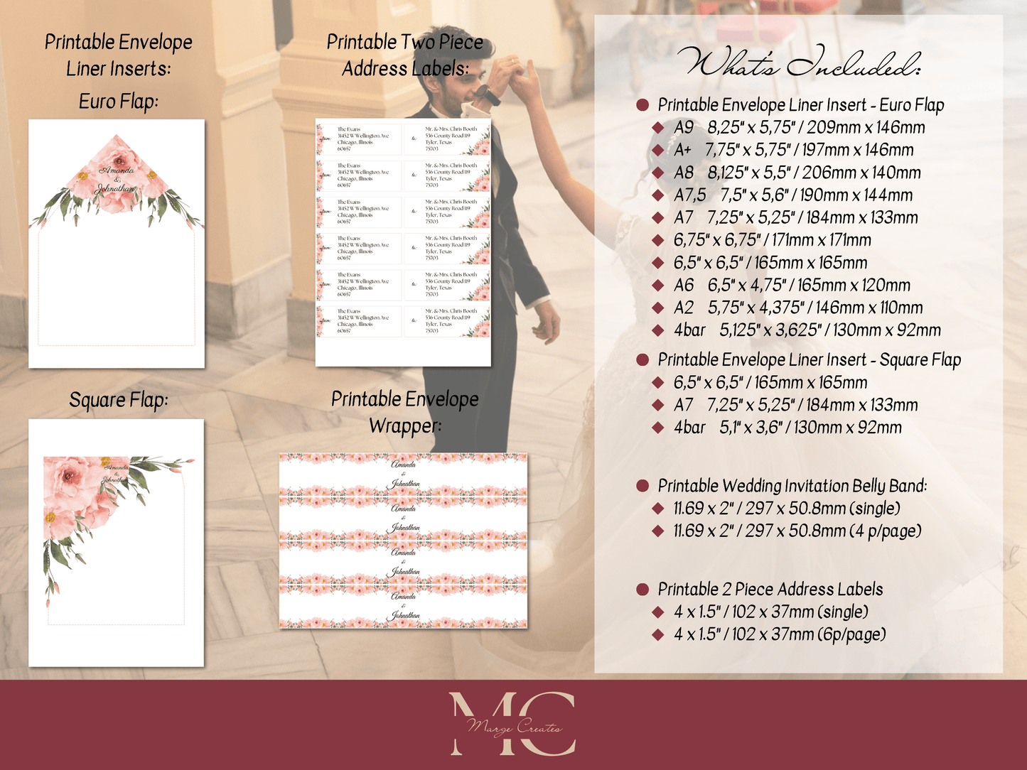 Soft Pink Floral Wedding Invitation Suite with Envelope Decoration Templates, (2Pc), Design 1, Printable Templates