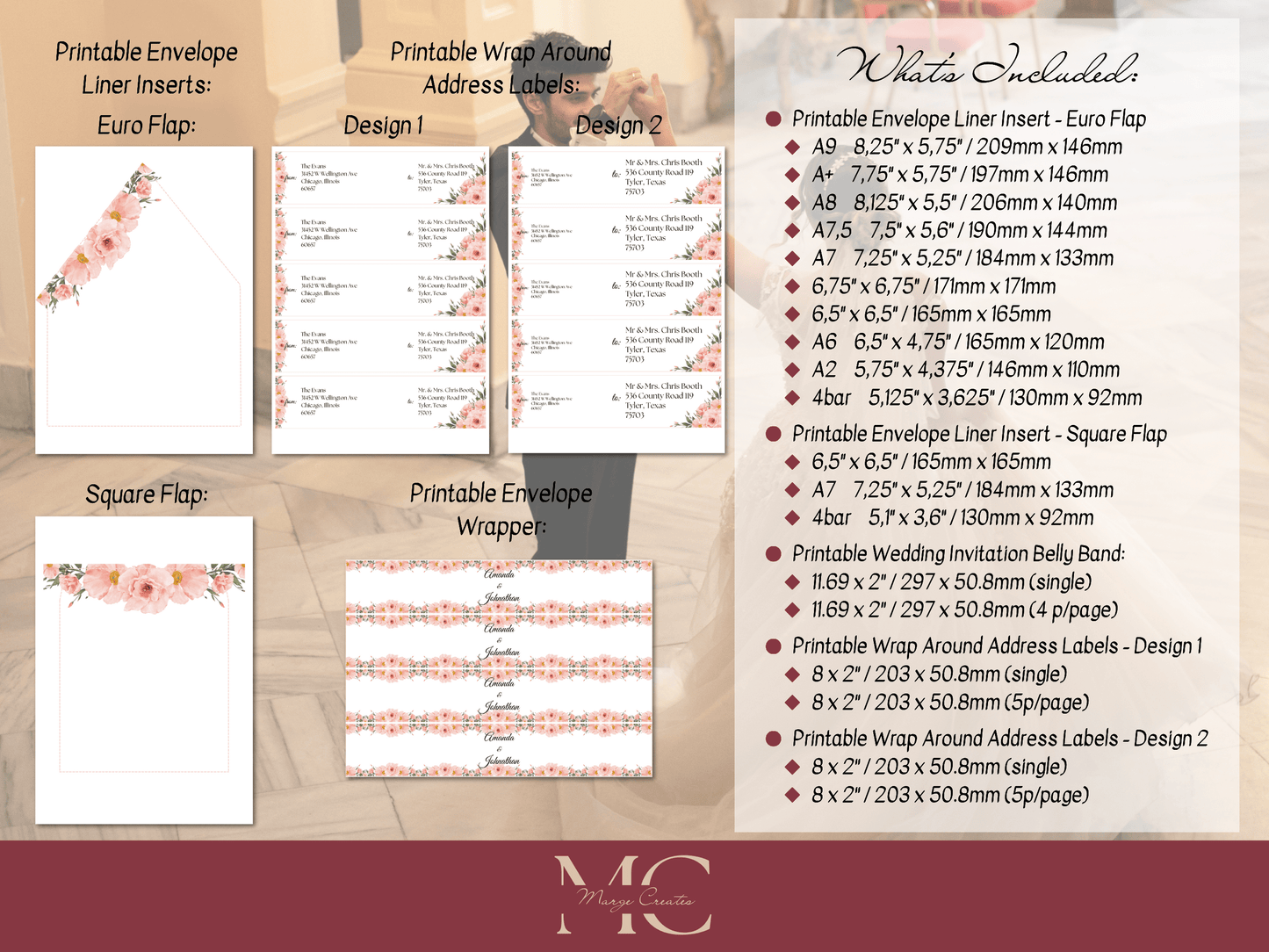 Soft Pink Floral Wedding Envelope Decoration Template Bundle, (WA), Liner Design 2, Printable Templates