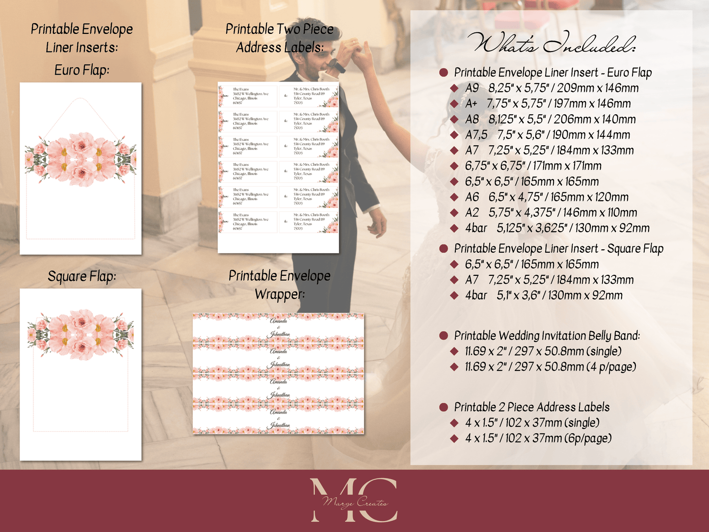 Soft Pink Floral Wedding Envelope Decoration Template Bundle, (2Pc), Liner Design 3, Printable Templates