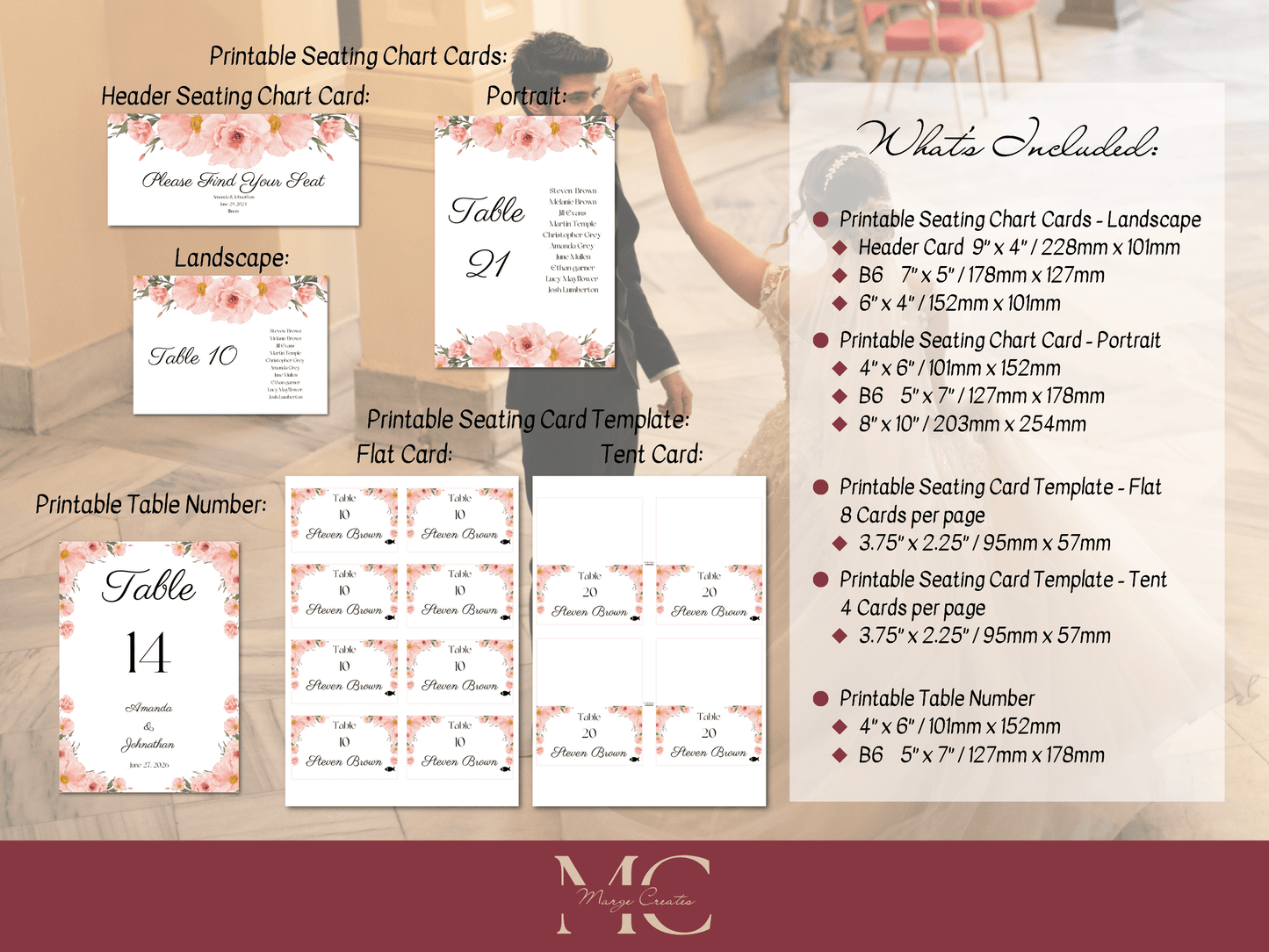 Soft Pink Floral Wedding Seating Template Bundle with Seating Chart Card, Printable Templates