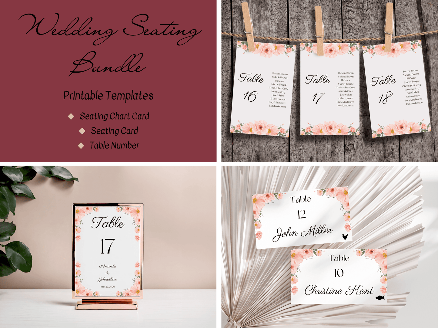 Soft Pink Floral Wedding Seating Template Bundle with Seating Chart Card, Printable Templates