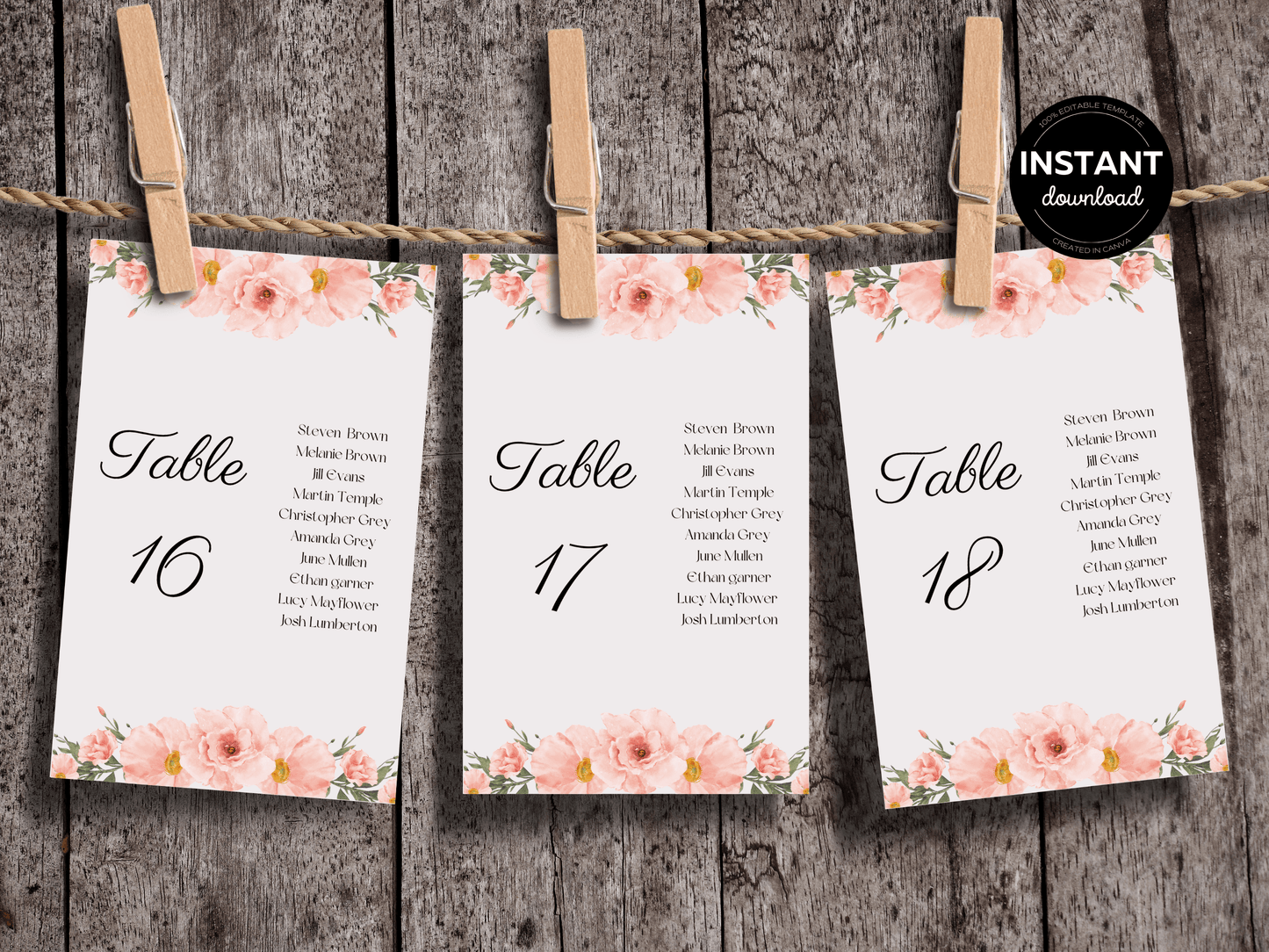 Soft Pink Floral Wedding Seating Template Bundle with Seating Chart Card, Printable Templates