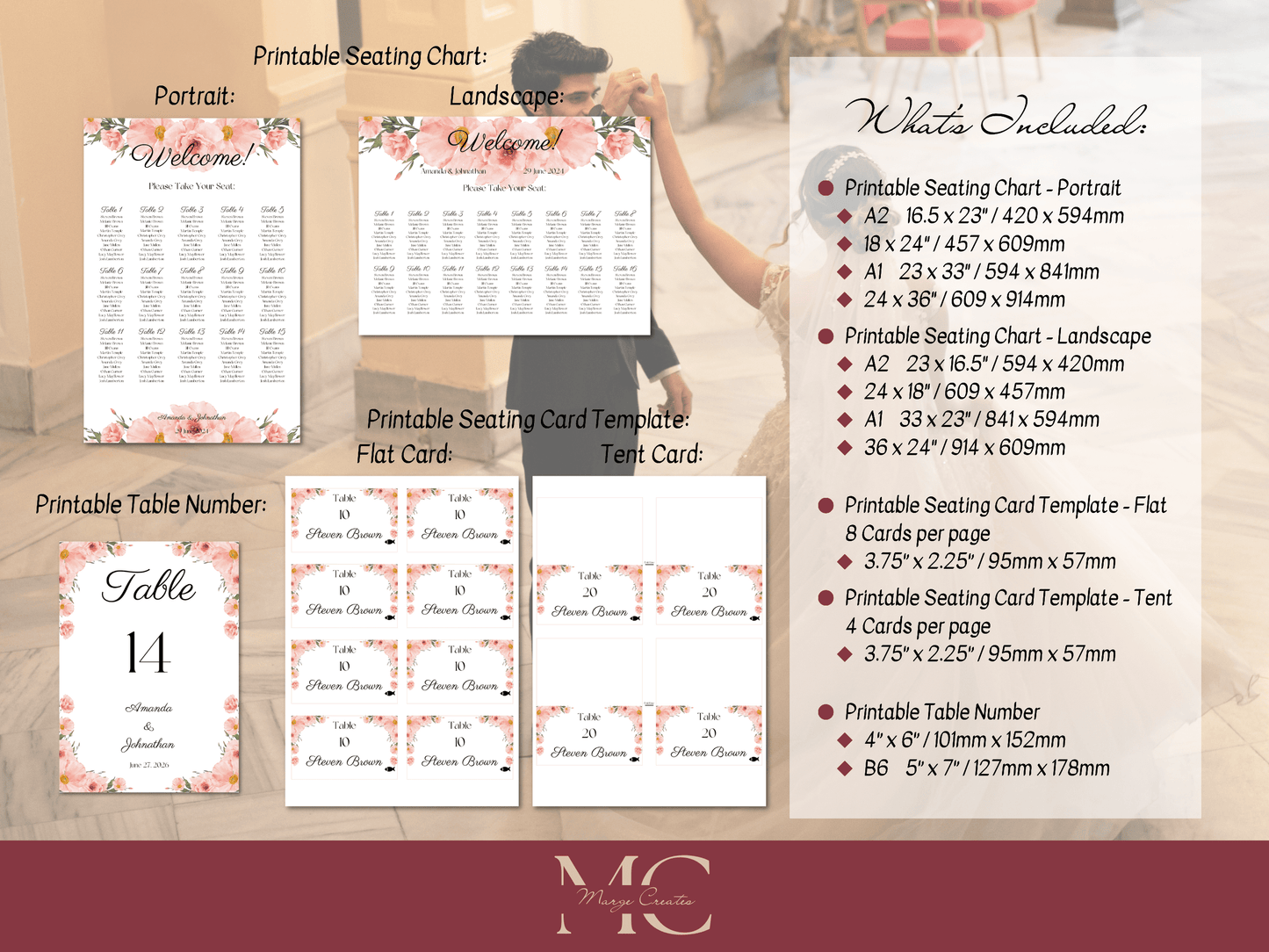Soft Pink Floral 7Pc Wedding Reception Bundle with Seating Chart, Printable Templates
