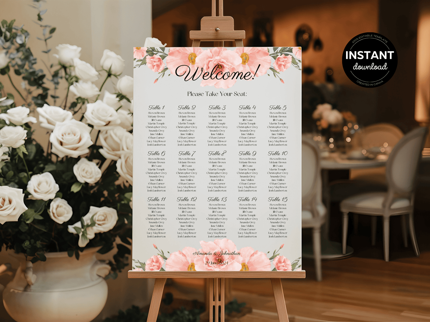 Soft Pink Floral Wedding Seating Template Bundle, Printable Templates