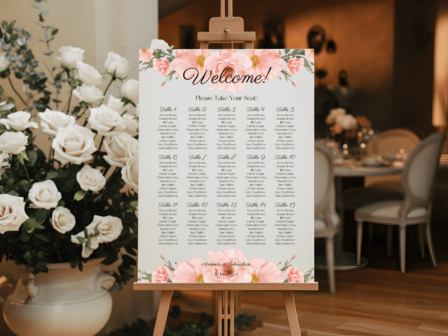 Soft Pink Floral 7Pc Wedding Reception Bundle with Seating Chart, Printable Templates