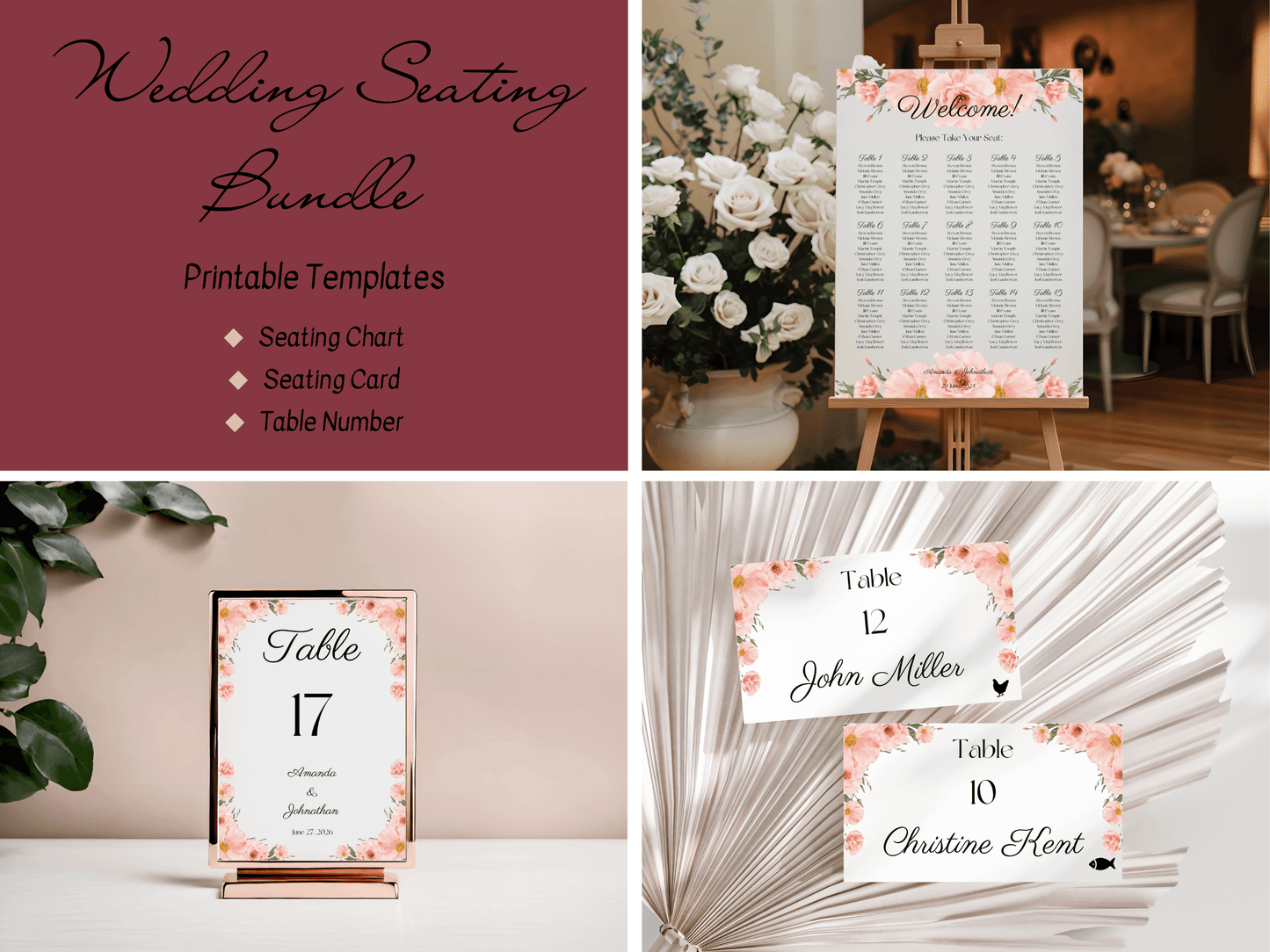 Soft Pink Floral Wedding Seating Template Bundle, Printable Templates