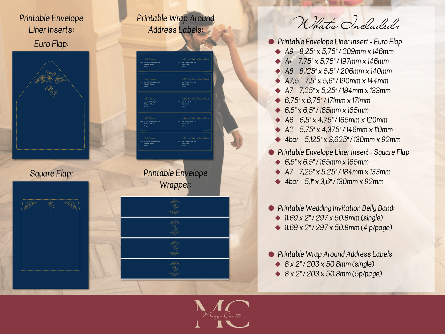 Elegant Blue & Gold Wedding Invitation Suite with Envelope Decoration Templates, Envelope Design 1 (WA), Printable Templates