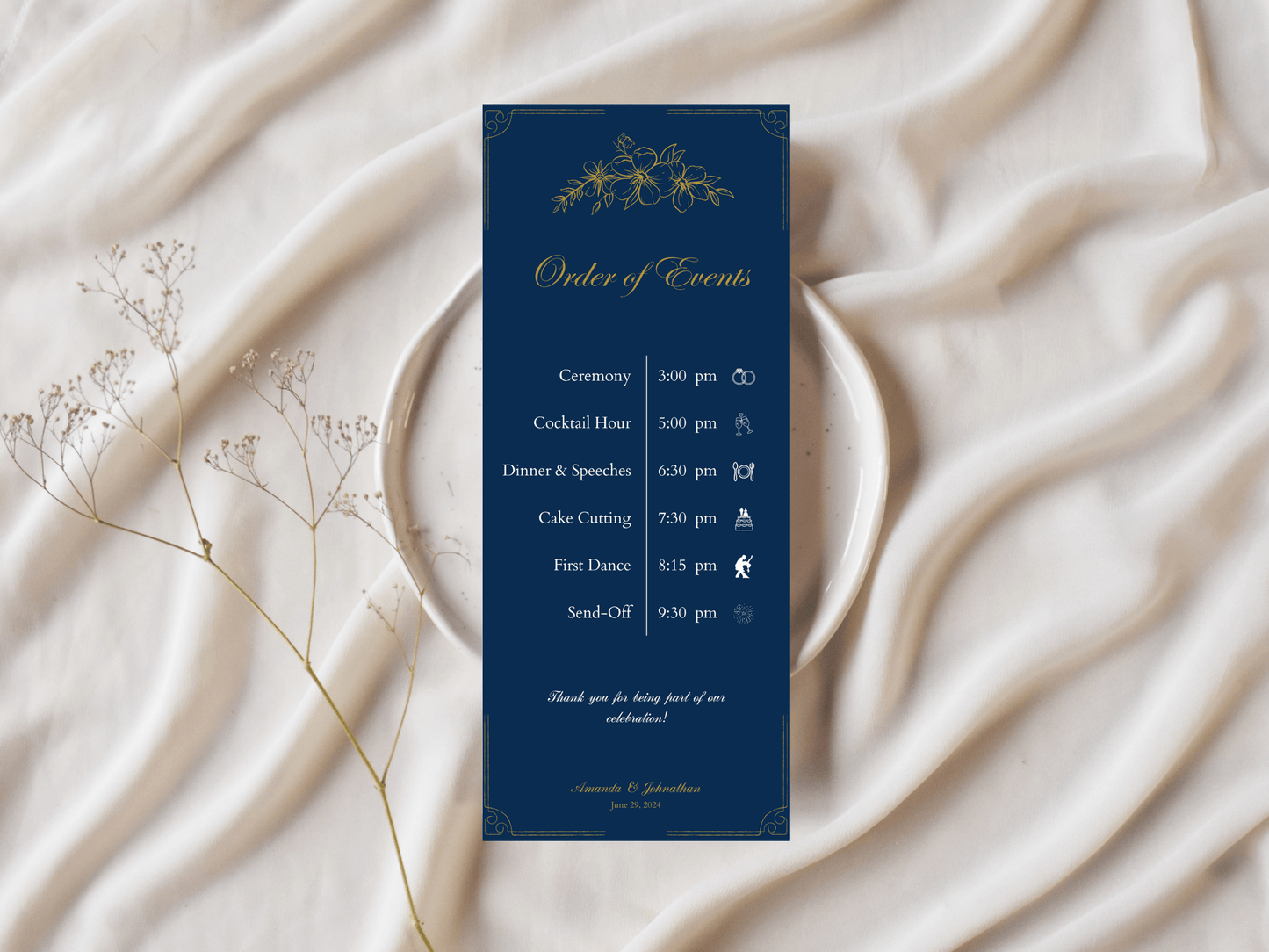 Elegant Blue & Gold Wedding Order of Event Template, Design 1, Printable Template