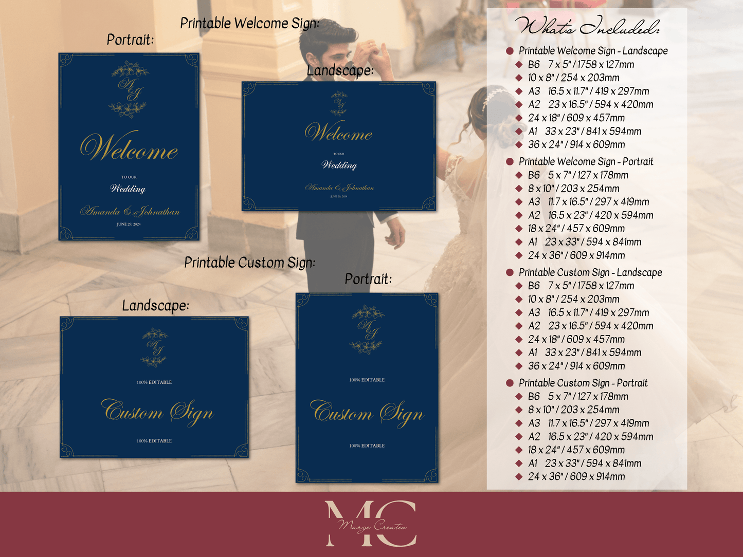 Elegant Blue & Gold Wedding Sign Template Bundle, Design 2, Printable Templates