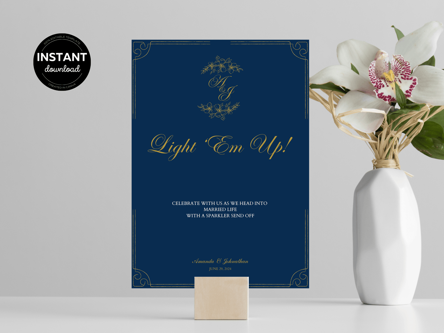 Elegant Blue & Gold "Light 'Em Up" Sparkler Sign, Design 2, Printable Templates