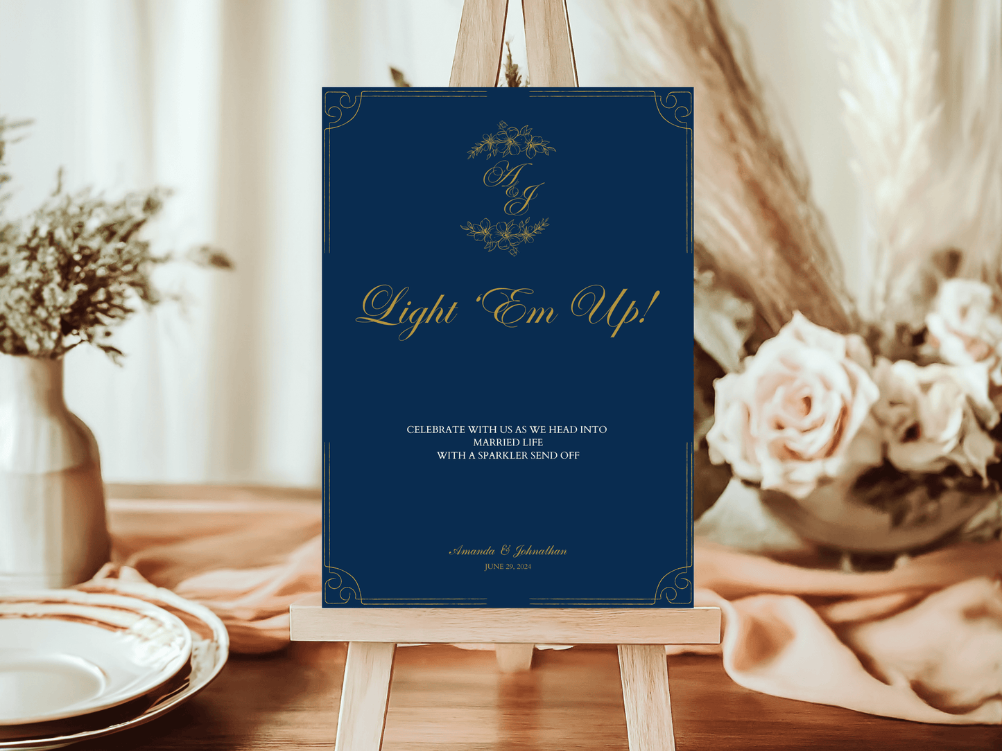 Elegant Blue & Gold "Light 'Em Up" Sparkler Sign, Design 2, Printable Templates