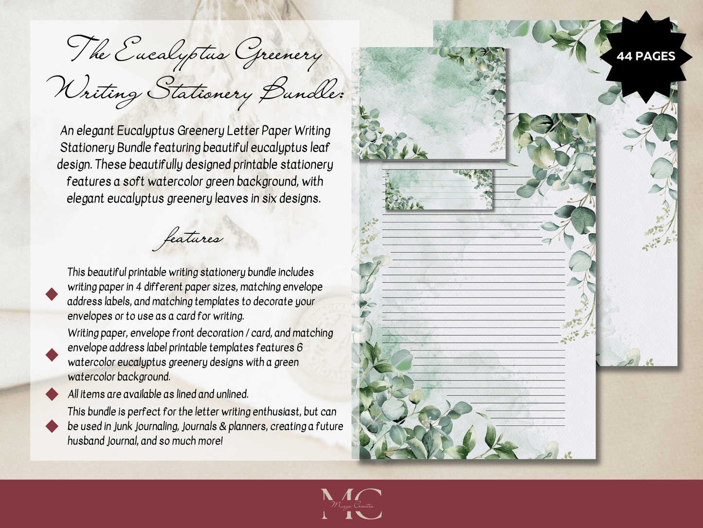 Eucalyptus Greenery Paper Writing Stationary Set - Writing Paper, Address Labels, Envelope Decoration/Card, 6 Designs - 44 Pages