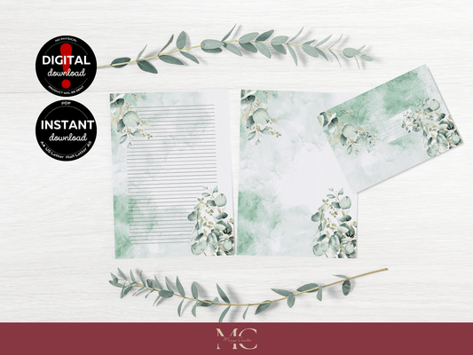 Eucalyptus Greenery Paper Writing Stationary Set - Writing Paper, Address Labels, Envelope Decoration/Card, 6 Designs - 44 Pages