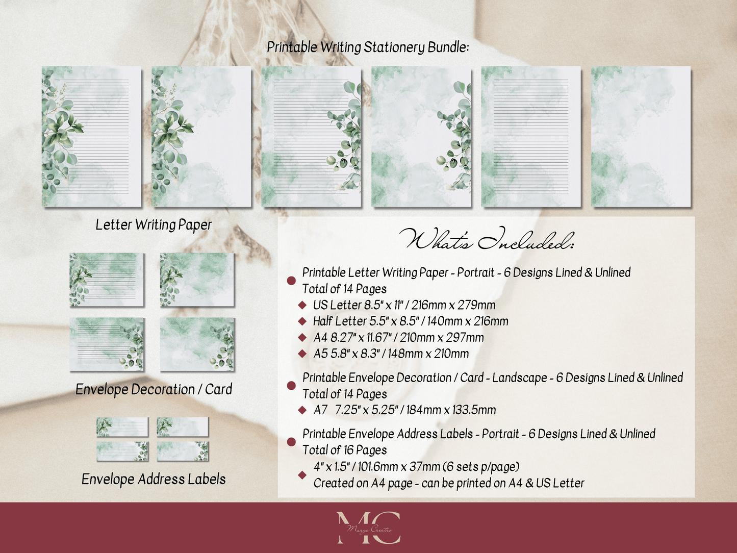 Eucalyptus Greenery Paper Writing Stationary Set - Writing Paper, Address Labels, Envelope Decoration/Card, 6 Designs - 44 Pages