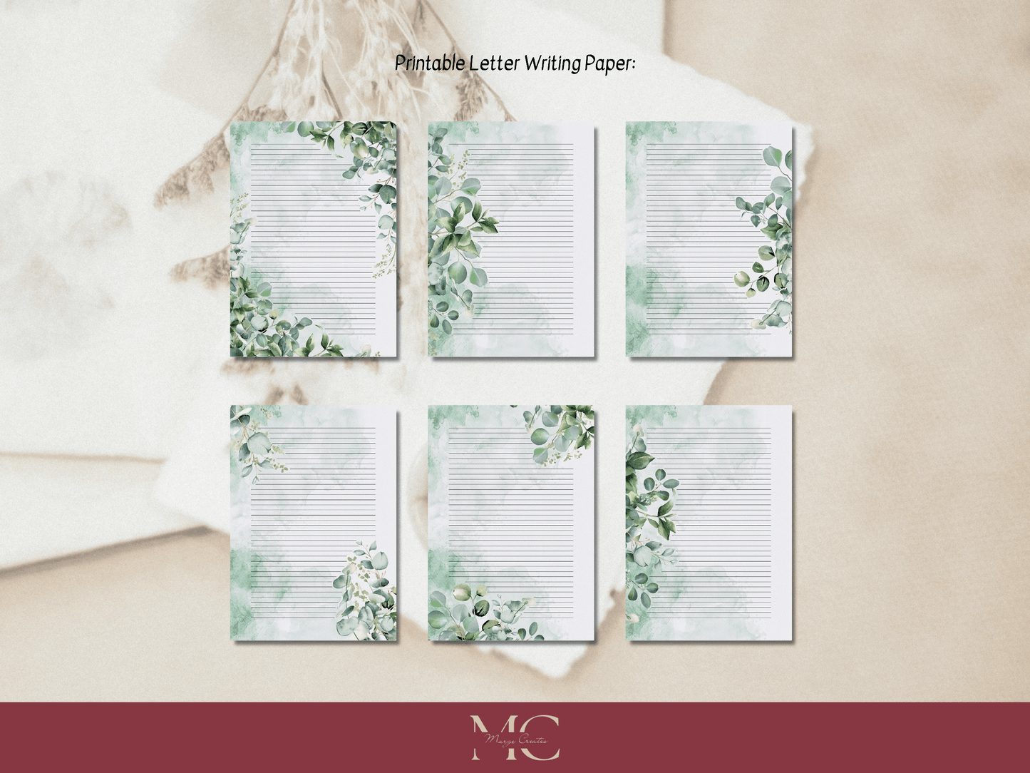 Eucalyptus Greenery Paper Writing Stationary Set - Writing Paper, Address Labels, Envelope Decoration/Card, 6 Designs - 44 Pages