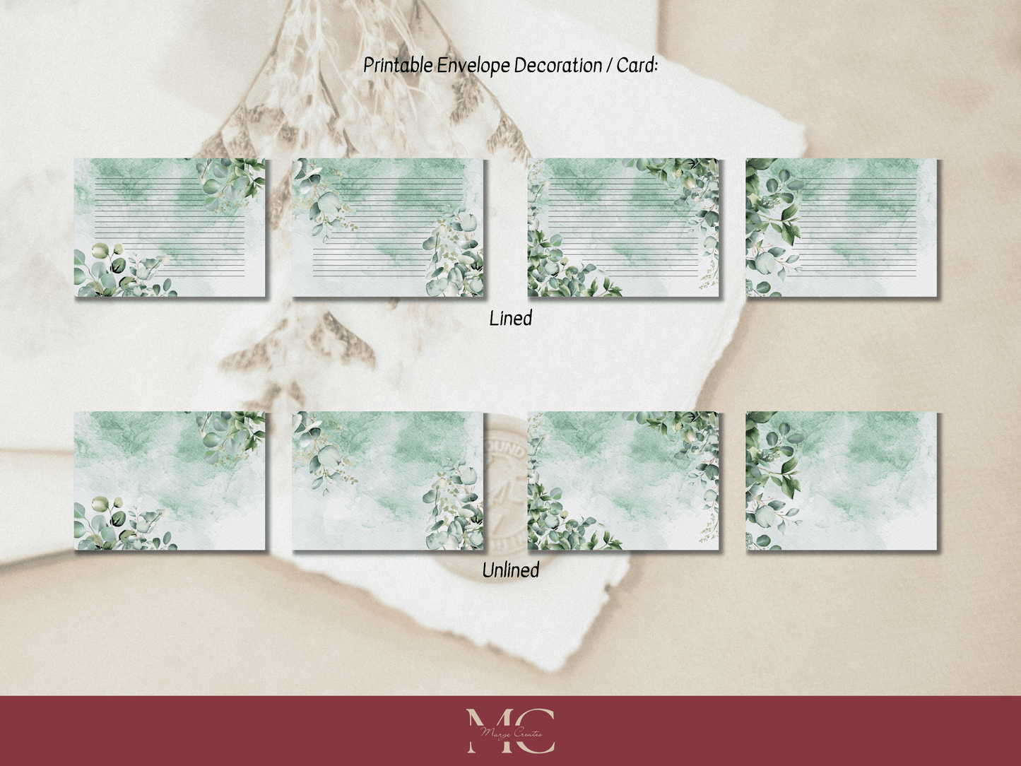 Eucalyptus Greenery Paper Writing Stationary Set - Writing Paper, Address Labels, Envelope Decoration/Card, 6 Designs - 44 Pages
