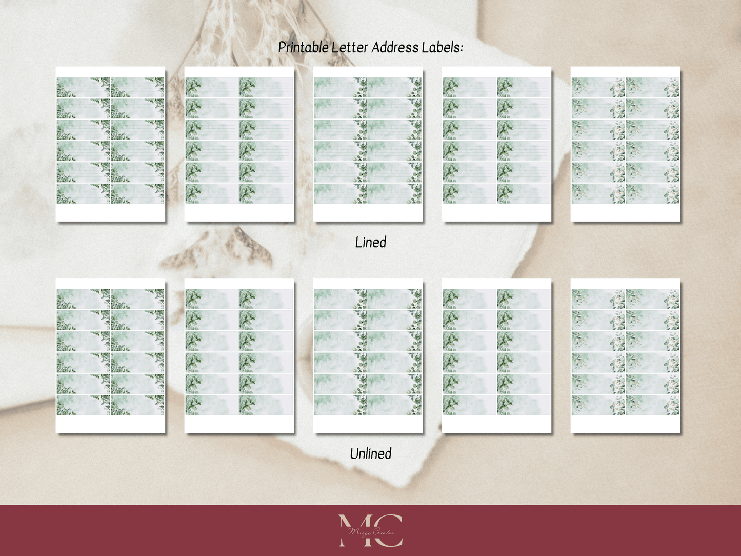 Eucalyptus Greenery Paper Writing Stationary Set - Writing Paper, Address Labels, Envelope Decoration/Card, 6 Designs - 44 Pages
